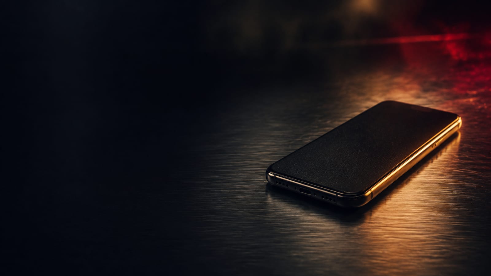 A phone resting face-down on a dark surface under soft light